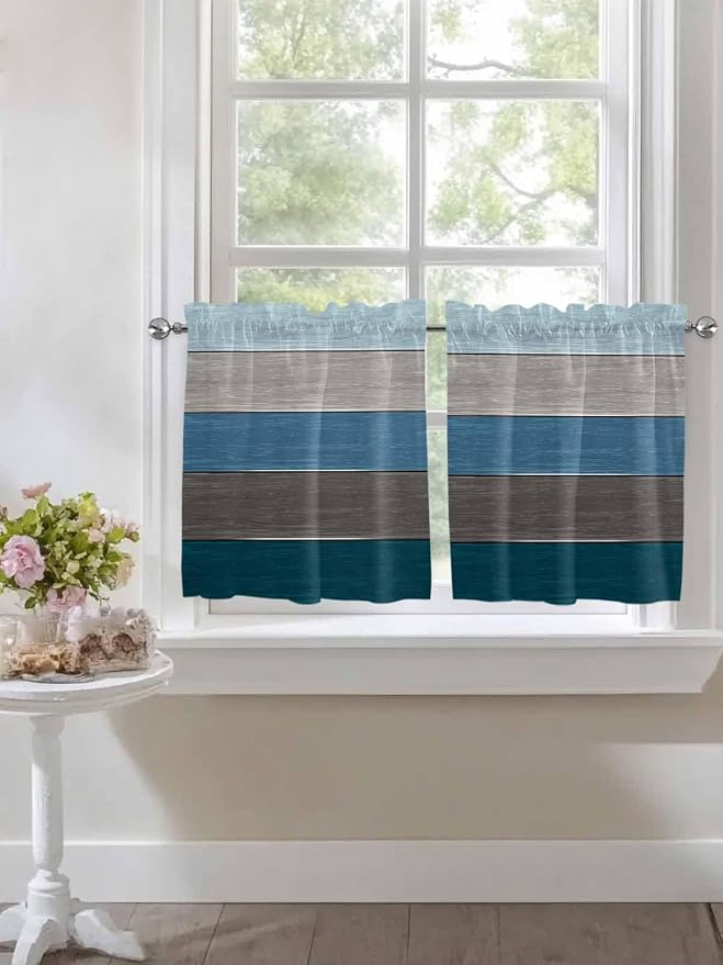 Retro Farm Blue Gray Wood Grain Window Valance Curtains, Rustic Wooden Plank