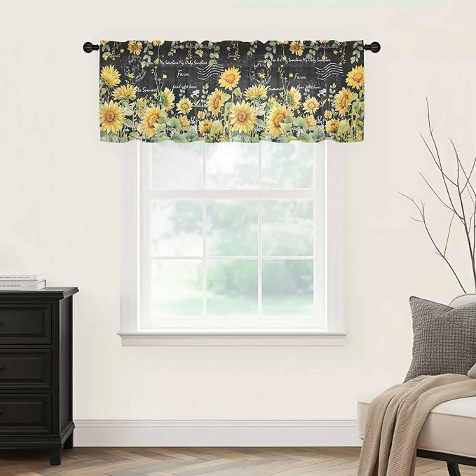 Summer Floral Sheer Valance Curtains, Watercolor Sunflower Eucalyptus Leaves