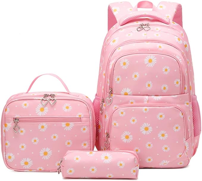 YJMKOI 3Pcs Daisy Prints Backpack for Girls Middle-School Elementary Students Bookbag Set with Lunch Box (Pink)