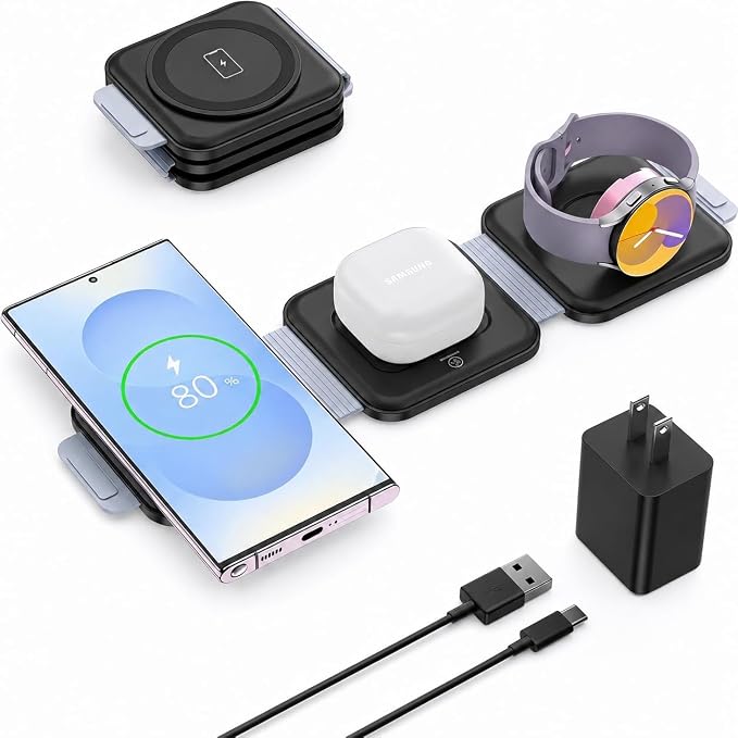 Travel Charger for Samsung Multi Devices Foldable 3 in 1 Wireless Charging Station Fast Charging Stand/Pad Compatible for Samsung Galaxy S26/S25/S24/S23/Note20 GalaxyWatch8/7/6 Galaxy Buds4