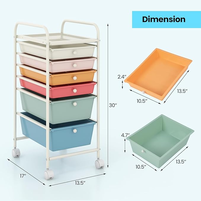 COSTWAY 6-Drawer Rolling Storage Cart, Multifunctional Art Craft Tools Organizer on Wheels, Heavy Duty Utility Mobile Storage Trolley w/ 2 Lockable Wheels for Home Office School, Macaron