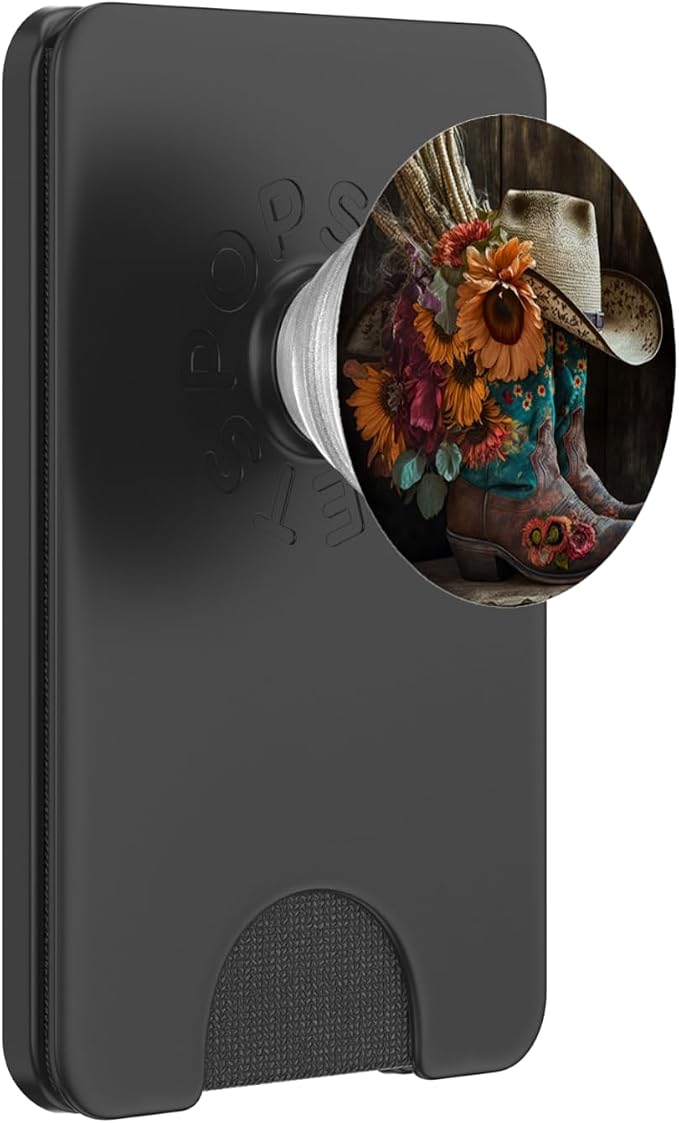 Boho Cowgirl Boots with a Flower Feather Hat for Western Rod PopSockets Adhesive PopGrip