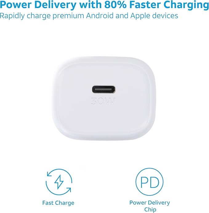 AT&ampT USB-C Wall Charger Fast Charging Power Adapter Foldable Prongs Travel-Friendly for Compatible with iPhone iPad Samsung Galaxy Google Pixel (20W White)