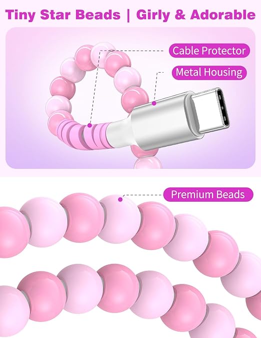 Jelanry 3FT USB-A to USB-C Fast Charging Cable Beaded &ampData Sync Women Girl | Cute kawaii beaded cable for iPhone 17/16/15 Samsung S26/S25/S24 Pixel iPad Fast charge for daily use office &amp tra