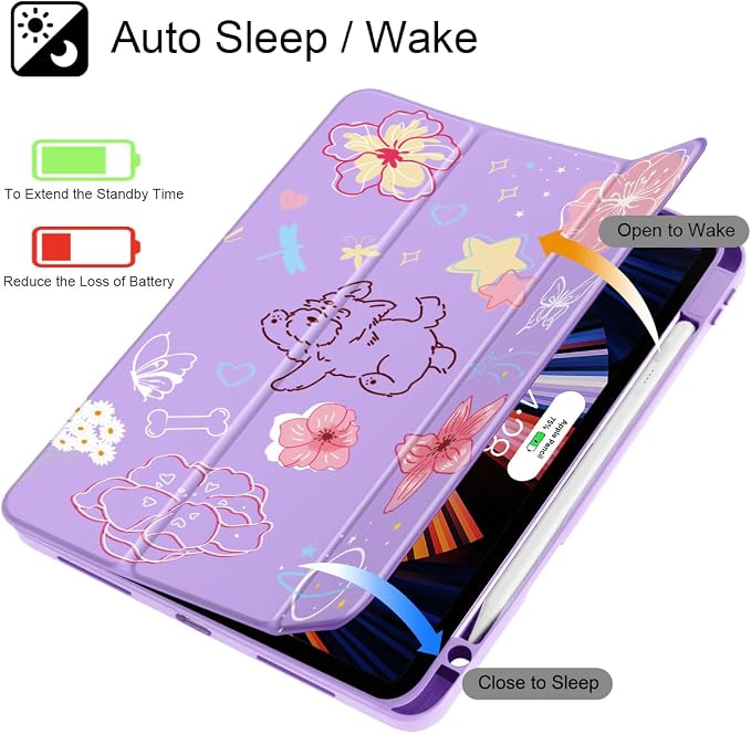 May Chen Case for iPad 12.9 Inch (6th/5th/4th/3rd Generation 2022/2021/2020/2018) Pencel Holder + Trifold Support Auto Sleep/Wake Transparent Shockproof Back Cover Blue Bows