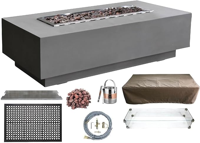 Elementi | Bundle Granville Gas Fire Pit Cast Concrete 60" Rectangular Fire Table, Outdoor Fire Pit Electronic Ignition | Canvas Cover, Lava Rock Included | Light Gray (Natural Gas)