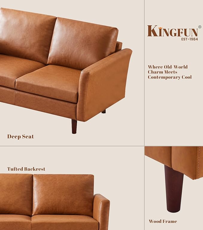 Kingfun Faux Leather 2 Seat Couch for Living Room, Mid Century Modern Sofa with Rolled Arms and Deep Seats, Fluffy Comfort for Apartment, Easy to Assemble, Mid Brown