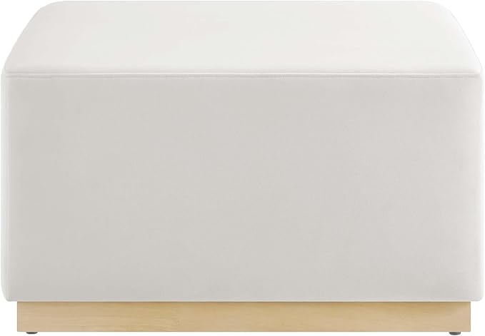 Modway Tilden 28 Inch Square Performance Velvet Upholstered Ottoman in Alabaster Natural - Large Ottoman Foot Rest with Rubberwood Plinth Base, Living Room Ottoman Coffee Table - Velvet Ottoman Table
