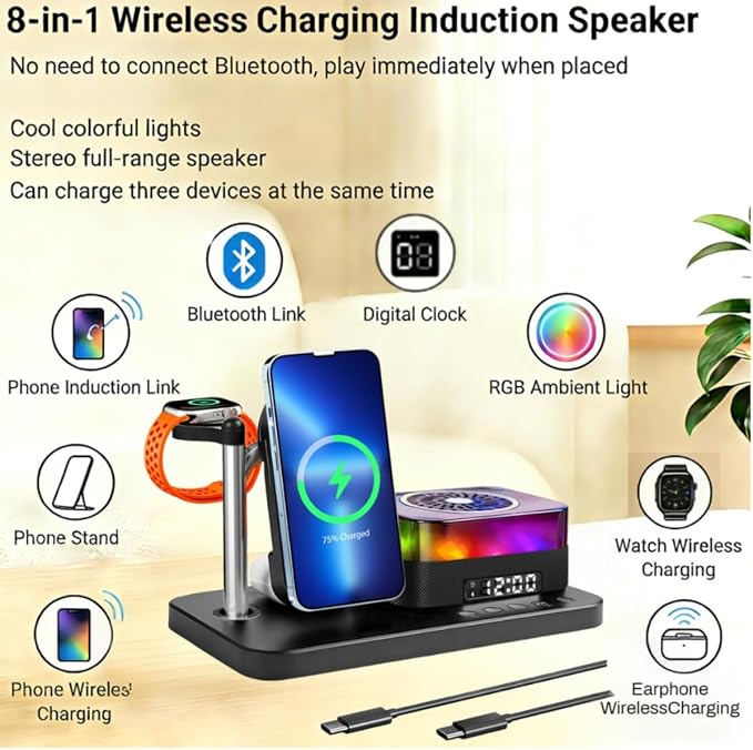 8-in-1 Desktop Charging Station with Bluetooth Speaker RGB Ambient Light Digital Clock Phone Stand Wireless Charger for Phone Watch and Earbuds Black/White (Black)