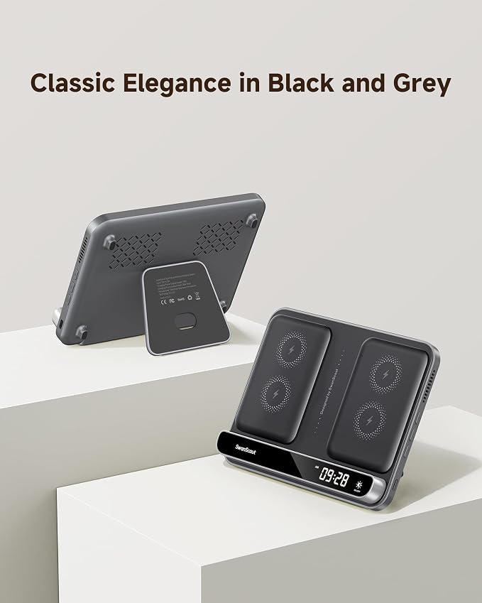 Dual Phone Foldable Wireless Charging Station for iPhone Galaxy Pixel | Dual phone charging Foldable portable stand Dimmable clock Case friendly Raised charging area flat mode for earbuds 504