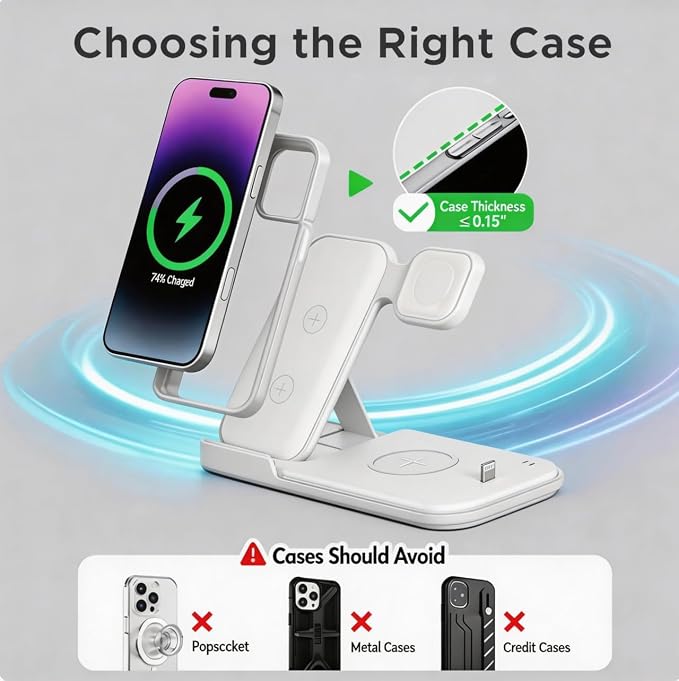 5 in 1 Wireless Charging Station for Multiple Devices Premium Fast Charging Stand for Apple Samsung Android Dual Phone Dock with USB Port for Desk Nightstand