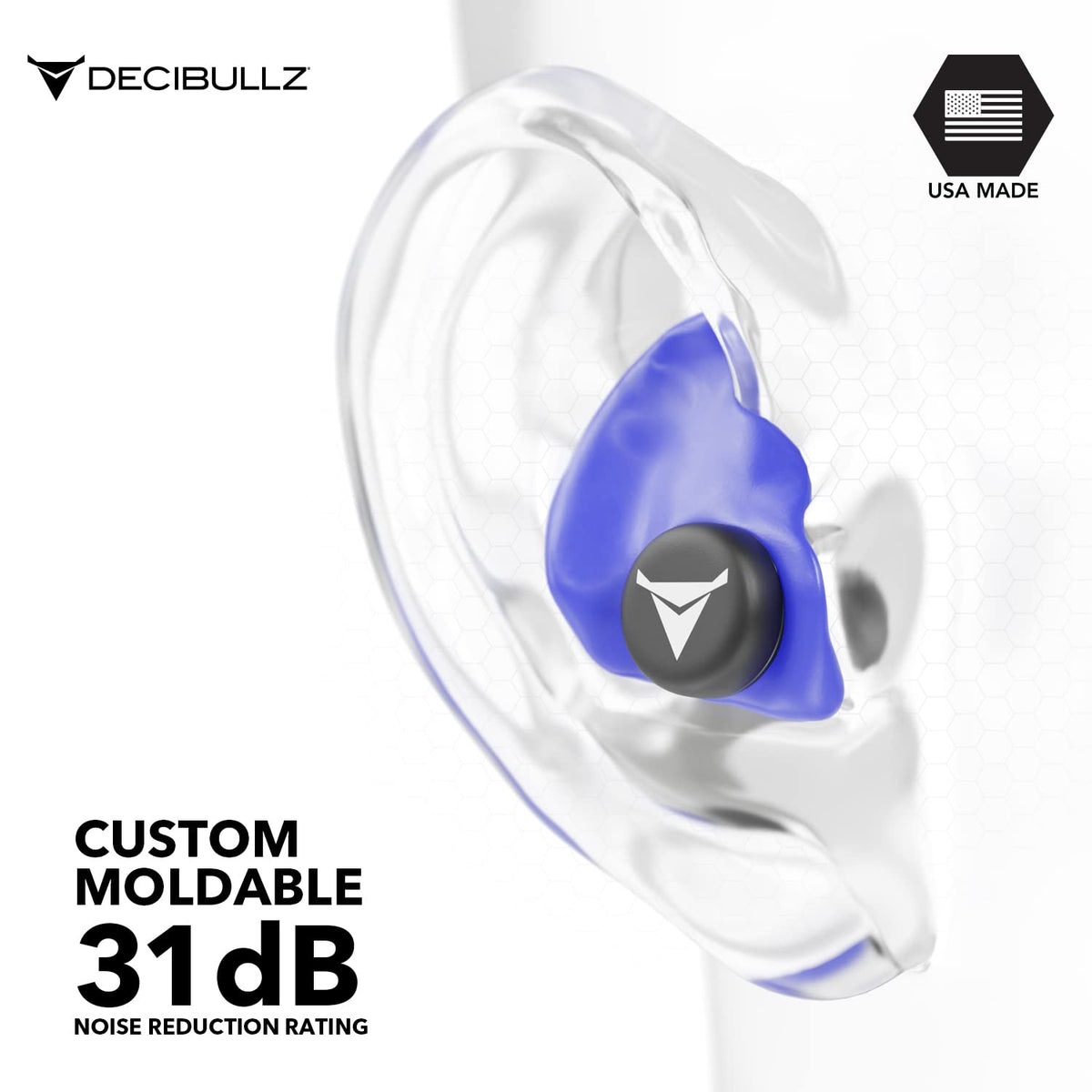 Decibullz - Custom Molded Earplugs, 31dB Highest NRR, Comfortable Hearing Protection for Shooting, Travel, Swimming, Work and Concerts (Blue)