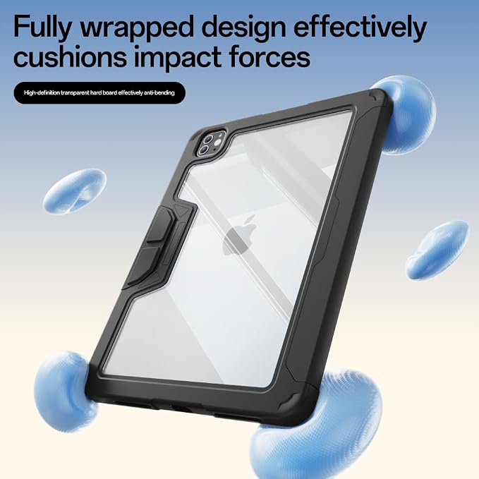 Case for iPad Pro 11 inch (4th/3rd/2nd Generation) 2022/2021/2020 | Y-Stand Shockproof Protective Cover with Pencil Holder Multi-Angle Stand Clear Hard Back (Black)