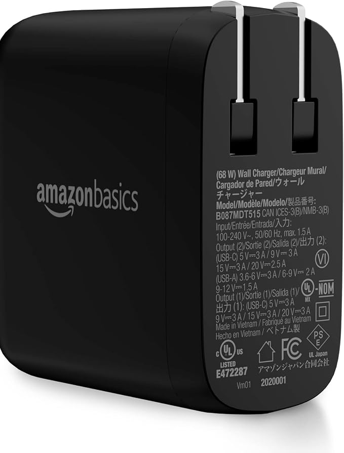 Amazon Basics 68W Two-Port GaN Wall Charger with 1 USB-C (60W) &amp 1 USB-A Ports (18W) with PD for Laptops Tablets &amp Phones (iPhone 16/15/14/13/12/11/X iPad MacPro Samsung More) Non-PPS B