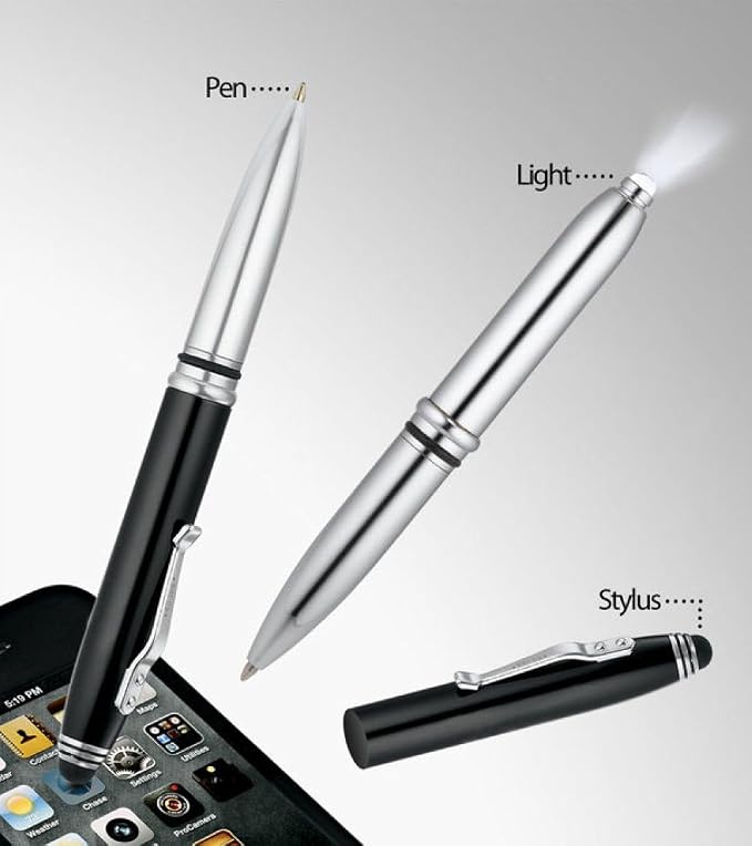 Tri-Function Pen - Stylus Pen for Touch Screens with LED Flashlight and Pen (Black)