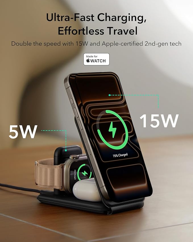 ESR 3 in 1 Charging Station for Apple, Certified Apple Watch Charger, 15W MagSafe Charger Stand for iPhone, Travel Charger for iPhone 17/16/15/14/13, Watch, AirPods,Black