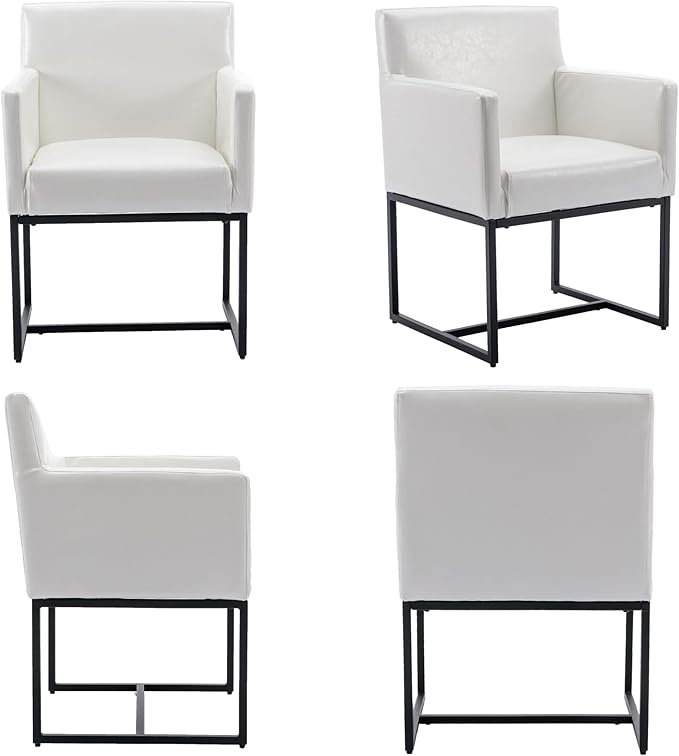 Set of 4 Upholstered Dining Chairs with Armrest, PU Leather Modern Accent Armchairs, Kitchen & Dining Room Chairs Side Chairs, White