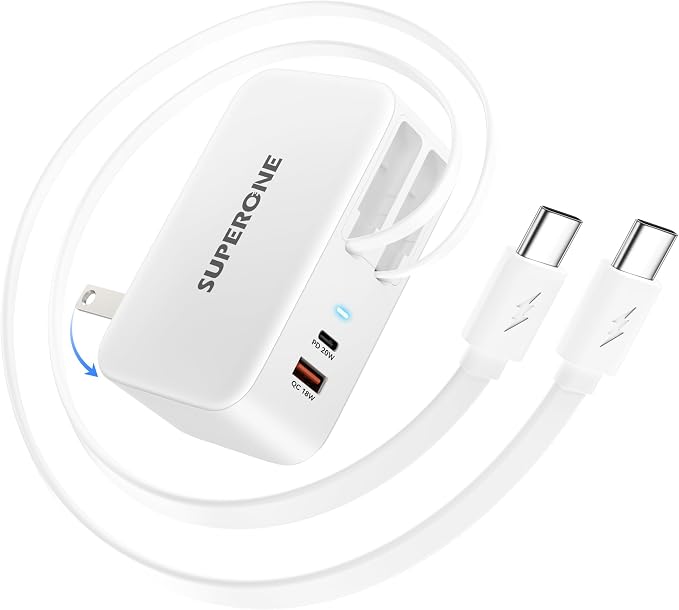 SUPERONE 4 in 1 Retractable Wall Charger with Dual USB C Cables 78W Fast Charging iPhone 17 Retractable USB C Charger with Dual Ports for iPhone 17 Pro Max/16/15/14/13/12 Pad Galaxy Pixel