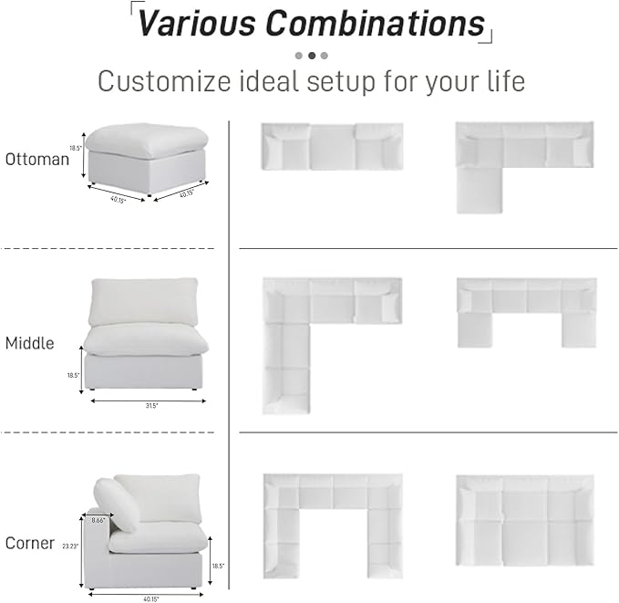 Cloud Modular Sectional Sofa with Storage Ottoman,160.6" Down Filled Comfort L Shaped Sofa Couch for Living Room,Minimalist Wide Deep Seat Convertible Couches,4 Seater and 1ottoman,White