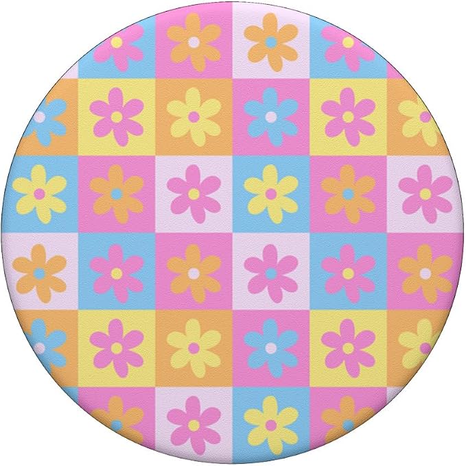 Aesthetic Checker Retro Groovy Flowers in Cream Peach colors PopSockets Adhesive PopGrip