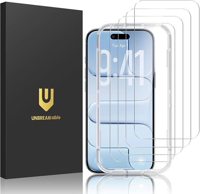 UNBREAKcable 4-Pack iPhone 15 Screen Protector 9H Hardness | 9H tempered glass | 99.99% HD clarity | Double Shatterproof|alignment frame easy install | case-friendly