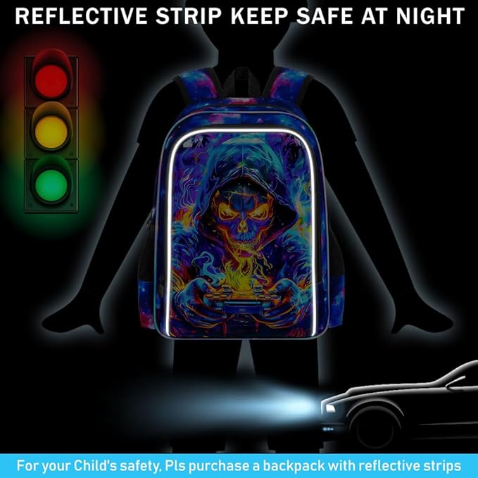 KLFVB 3PCS Bookbag for Boys, 17" Kids Gaming School Backpack and Lunch Box, Water Resistant Backpack for Teenagers Middle Elementary - Skull Game