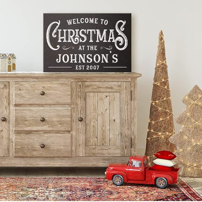 Milweb1 Personalized Family Name Welcome To Christmas/Rustic Vintage Farmhouse Holiday Decor Canvas Sign Holiday Decorations Wall Decor Print (12"x18")