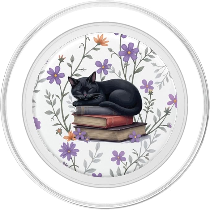 Reading Cat Purple Flower Floral Book Lover Librarian PopSockets PopGrip for MagSafe