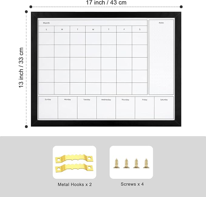 3-in-1 Dry Erase Calendar for Wall, 17x13 inches Magnetic Surface Monthly & Weekly Planner Whiteboard, Dry Erase Board with Black Wood Frame, Hanging White Board Calendar(YL+ZL-BK,4333)