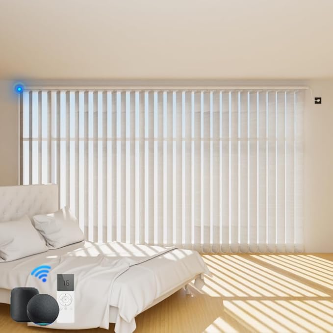 Blindify Motorized Vertical Blinds Compatible with Alexa Google Home, Light Filtering Sliding Door Shades Smart Vertical Blinds Remote Control Customize, Jacquard Silver