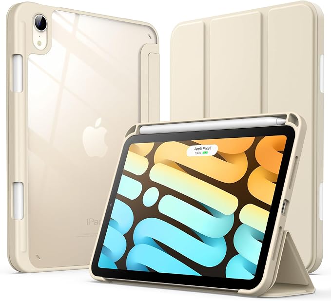 JETech Case Cover for iPad mini A17 Pro/6th Gen (2024/2021) Black | Clear Transparent Back Pencil Holder Slim Shockproof Protection Tri-Fold Stand Auto Wake/Sleep