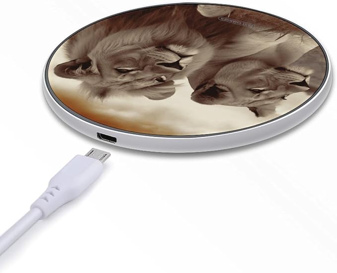 African Lion and Lioness Wireless Charger Aluminum Alloy Frame 10W Fast Charging Pad with Indicator Light 6mm Thin &amp Portable Wireless Charging Pad for Travel Home Office Desk