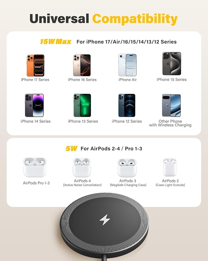 6FT Magnetic Wireless Charger Charging Pad - 15W Fast Mag-Safe Phone Charger for Apple iPhone 17 16 15 14 13 12 Series &amp AirPods 4 3 2 Pro Phone Charging Pad with Plug for Desk &amp Travel 1Pac