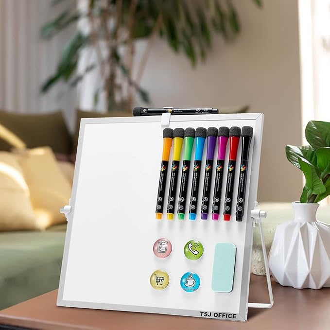 TSJ OFFICE Small White Board - 12 X 12 Inches Small Magnetic Dry Erase Board with Hooks for Wall, Desktop Whiteboard Stand 360 Degrees Revolving Double Sided for Office, Home, School, Silver