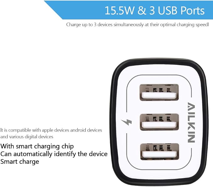 Wall Charger AILKIN 3.1A MultiPort Fast Charger Plug Travel Home Power Adapter Quick Charging Block Base Boxed for iPhone 15 14 13 12 11 10 8 7 Pro Max Mini Samsung Galaxy Pixel Kindle USB Brick