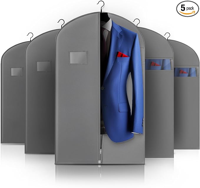5 Pack 40-inch Suit Bag Garment Bag for Travel and Storage, Garment Bags for Hanging Clothes with Zipper and Visible Transparent Window, Gray