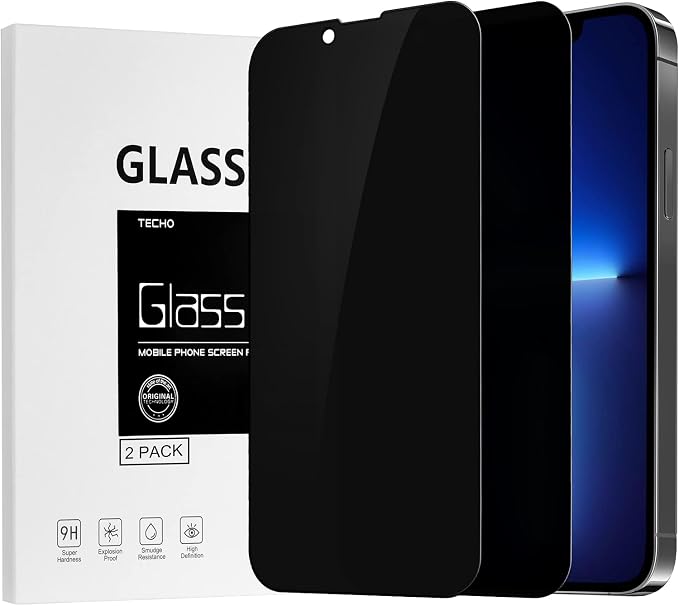 TECHO Privacy Screen Protector Compatible with iPhone 16e / iPhone 14 / iPhone 13 / iPhone 13 Pro Tempered Glass Film (Edge to Edge Full Coverage) (Anti Spy) (Case Friendly) (2 PACK) (6.1 inch)