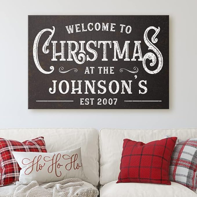 Milweb1 Personalized Family Name Welcome To Christmas/Rustic Vintage Farmhouse Holiday Decor Canvas Sign Holiday Decorations Wall Decor Print (12"x18")