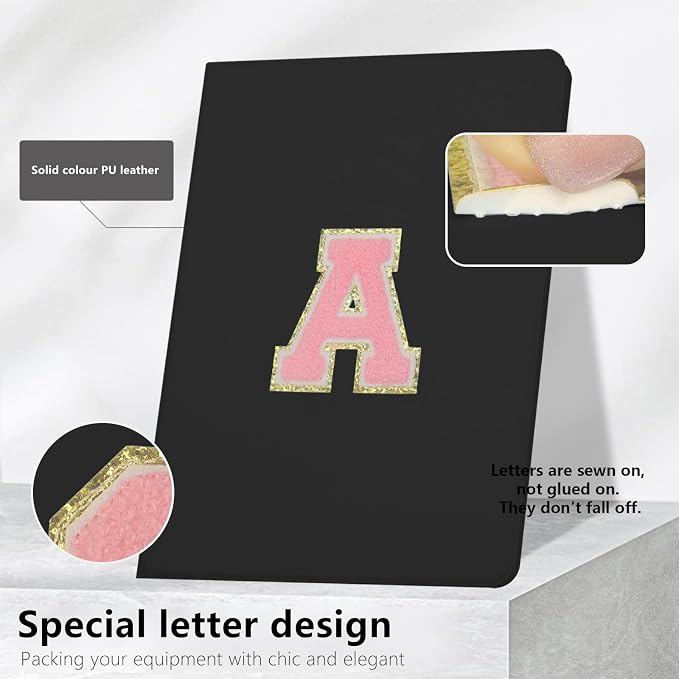 for iPad 9th Generation 10.2 Inch 2021/2020/2019 Case Initial Chenille Letter Suture Personalized for iPad 9th/8th/7th Generation Case with Auto Sleep/Wake Pencil Holder (Black A)