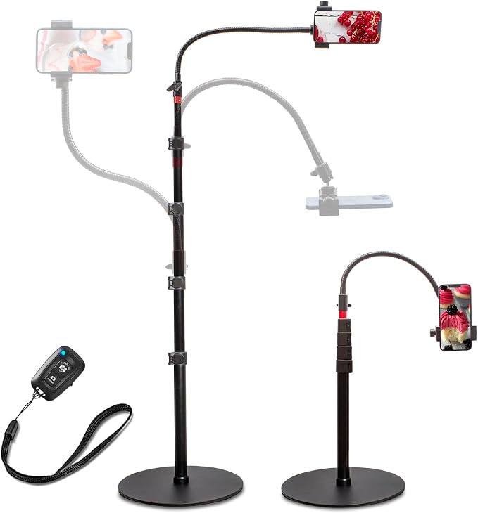 Tall Video Cell Phone Mount with Height Adjustable Stand Heavy Base 360 Head - Compatible with iPhone 16 16 Pro Max 16 Plus 15 14 13