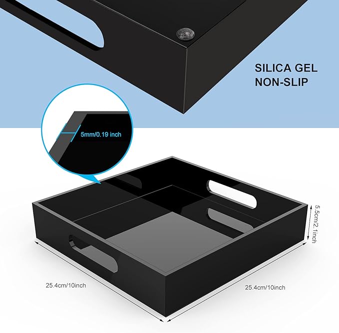 Home Decorative Coffee Table Tray, 10"x10" Elegant Acrylic Serving Trays with Handles Works for Eating, Breakfast, Makeup Drawer Organizer,Bathroom Vanity Table,Ottoman Tray, Black