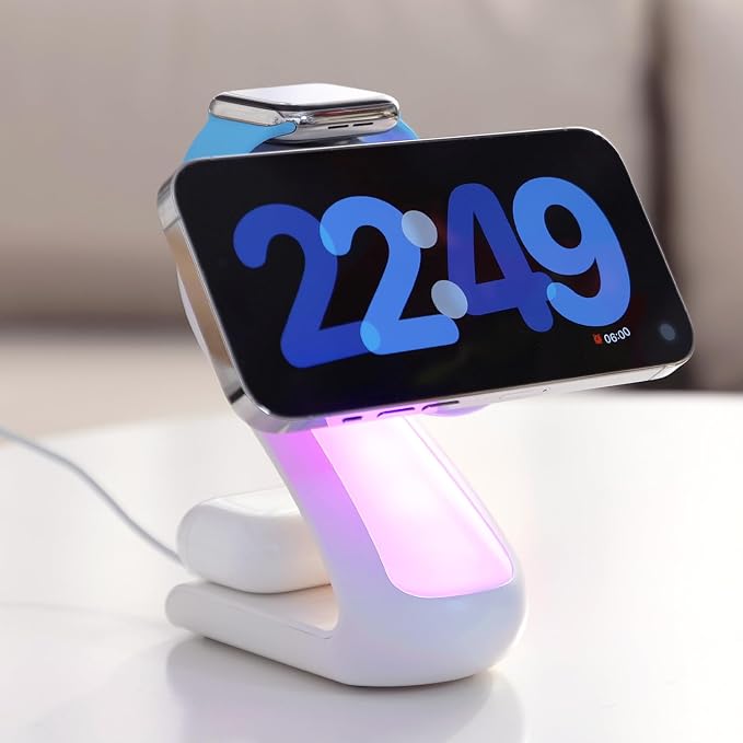4-in-1 Magnetic Wireless Charging Station for Apple iPhone 17 16 15 14 13 12 Pro Max &amp Watch | 15W Fast MagSafe Charger Stand with Night Light | Aesthetic Swan Desk Organizer for AirPods (White)