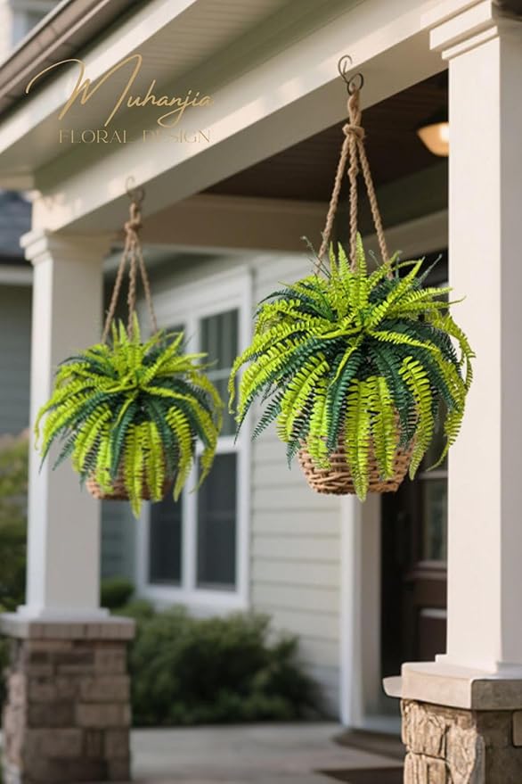 Polyester Artificial Boston Fern Bush,Set of 4,Fake Fern Hanging Plants UV Resistant That Look Real for Outdoors and Home Decor. (36" 4Pcs-Yellow Green)