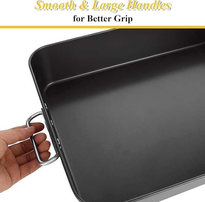 CYEAH 2 Pack Deep Lasagna Pan Set, 13.7 and 16 Inch Nonstick Carbon Steel Baking Pans for Oven, 3 Inch Deep Rectangle Cake Pans with Handles for Lasagna, Brownies, Roasting and Casseroles, Black