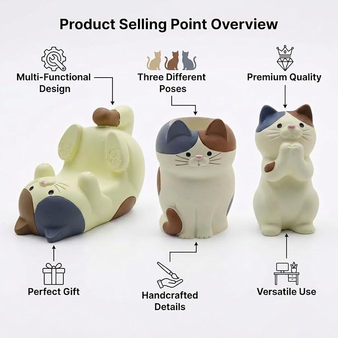 3 PS Cat Shaped Phone Holder and Eyeglass Frame with Pen Holder Animal Resin Gift for cat Enthusiasts Home and Office Fashion Accessories-Brown