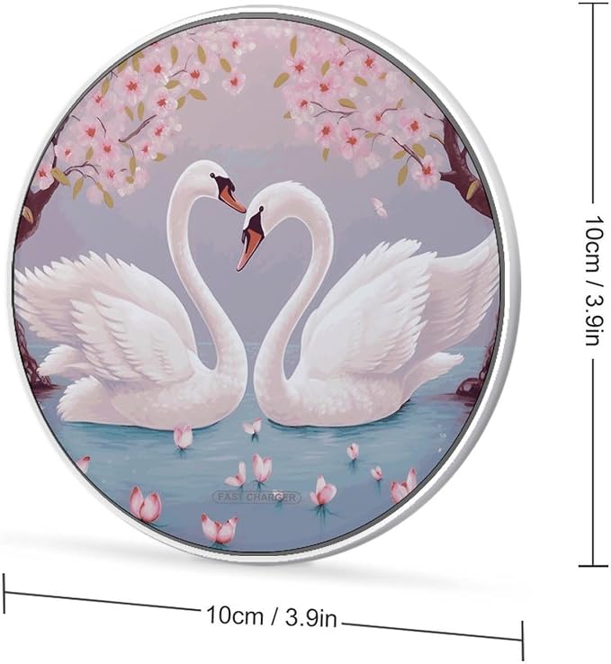 White Swans with Pink Floral Tree Wireless Charger 10W Qi-Certified Fast Wireless Charging Pad with USB Cable &amp LED Indicator Fashion Charger Mat Portable Charging Station for All Qi-Enabled Phon