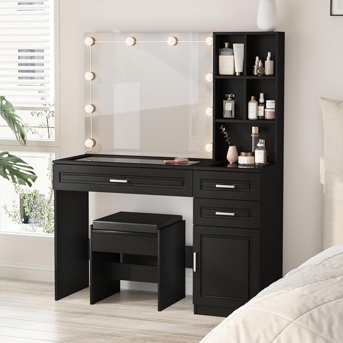 Fameill Makeup Vanity Desk with Lights,Glass Top Vanity Table with Lighted Mirror,Large Makeup Desk with 3 Drawers and Cabinets,3 Color Lighting Modes with Adjustable Brightness,Black