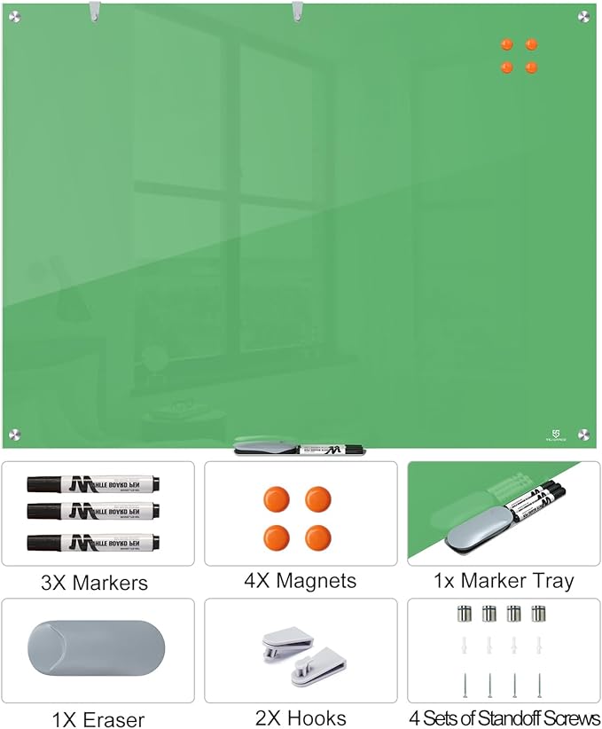 TSJ OFFICE Glass Dry-Erase Board - 48 x 32 Inches Wall Mounted Glass Whiteboard, Large Frameless Magnetic White Board for Office, Home & School, Green