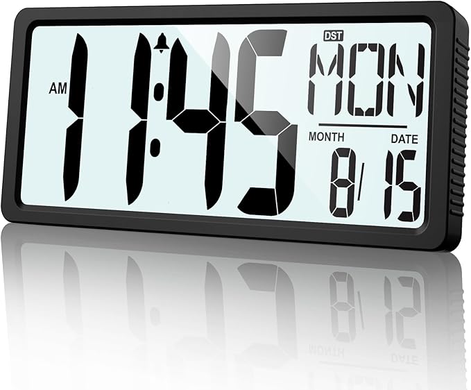 XREXS Large Digital Wall Clock Battery Operated with Backlight, 15" LED Large Display Timer with Temperature Date Week Auto DST Adjustable Brightness, Alarm Clock for Classroom, Livingroom, Office
