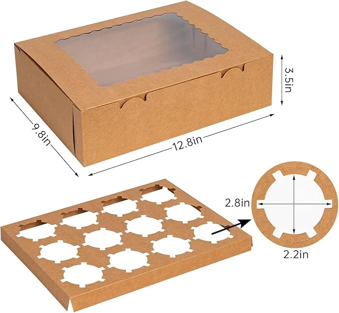 Rarapop 6 Pack Cupcake Boxes Hold 12 Standard Cupcakes, Food Grade Cupcake Holders Bakery Carrier Boxes with Windows and Inserts for Cupcakes, Muffins and Pastries